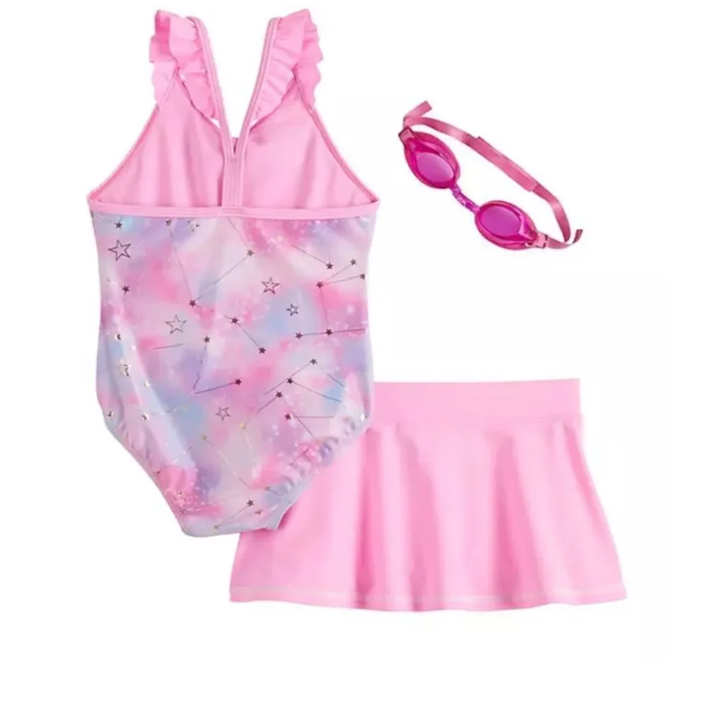 ZEROEXPOSUR Girls Size 4 Shooting Star 1-Piece, Cover-Up Skirt & Goggles Swimsui